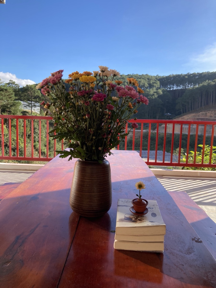 Bàn hoa tươi view đồi thông